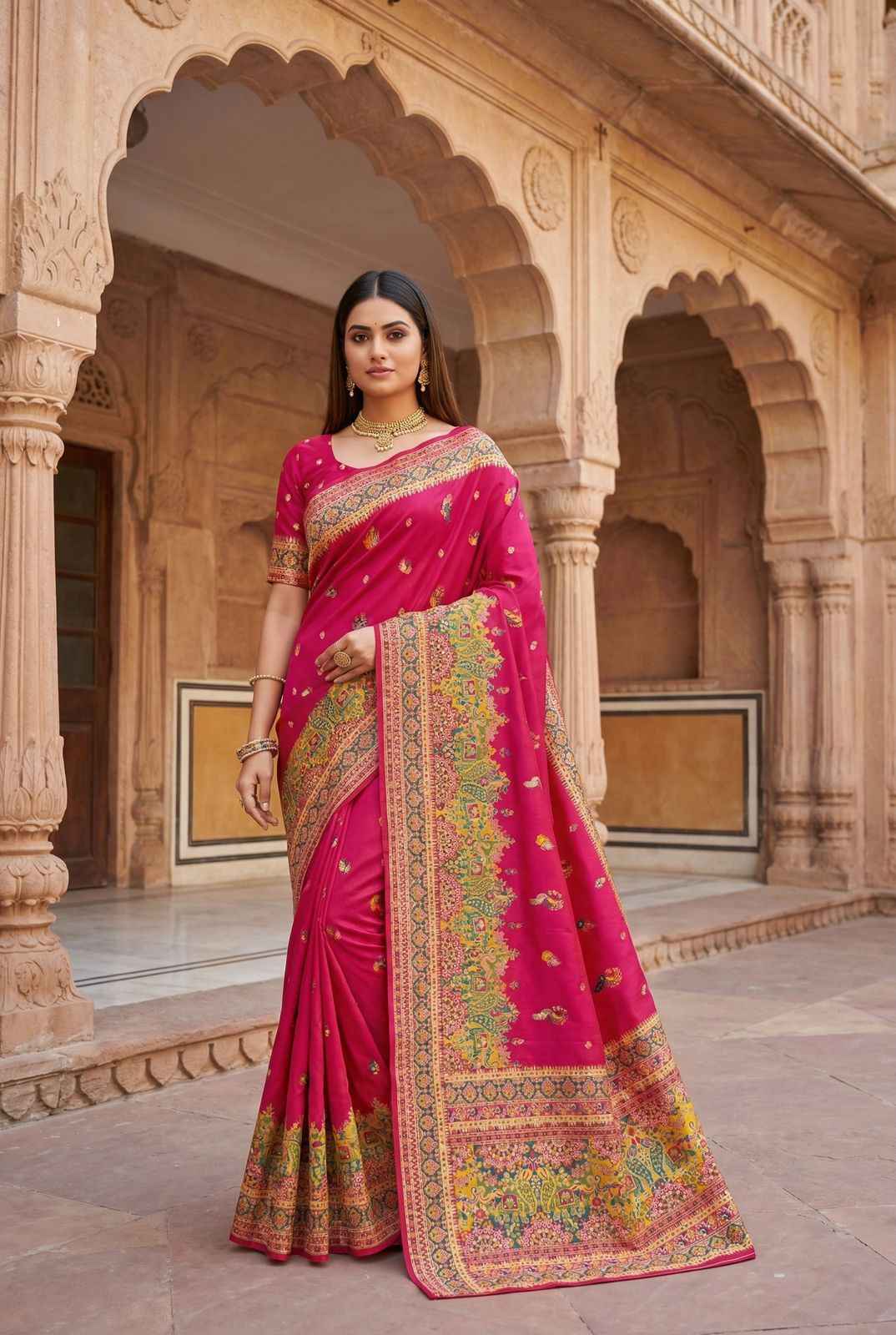 PASHMINA SILK MULTICOLOR PAISLEY BORDER SAREE 1 AT WHOLESALE PRICE