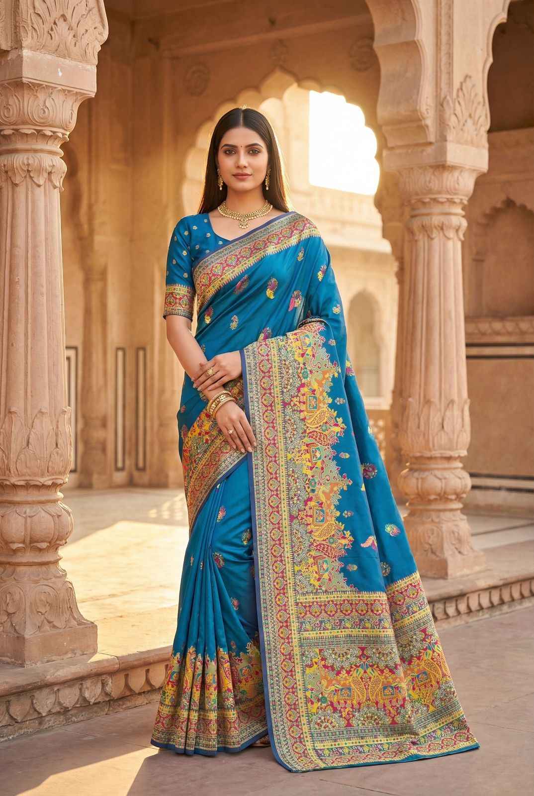 PASHMINA SILK MULTICOLOR PAISLEY BORDER SAREE 1 AT WHOLESALE PRICE