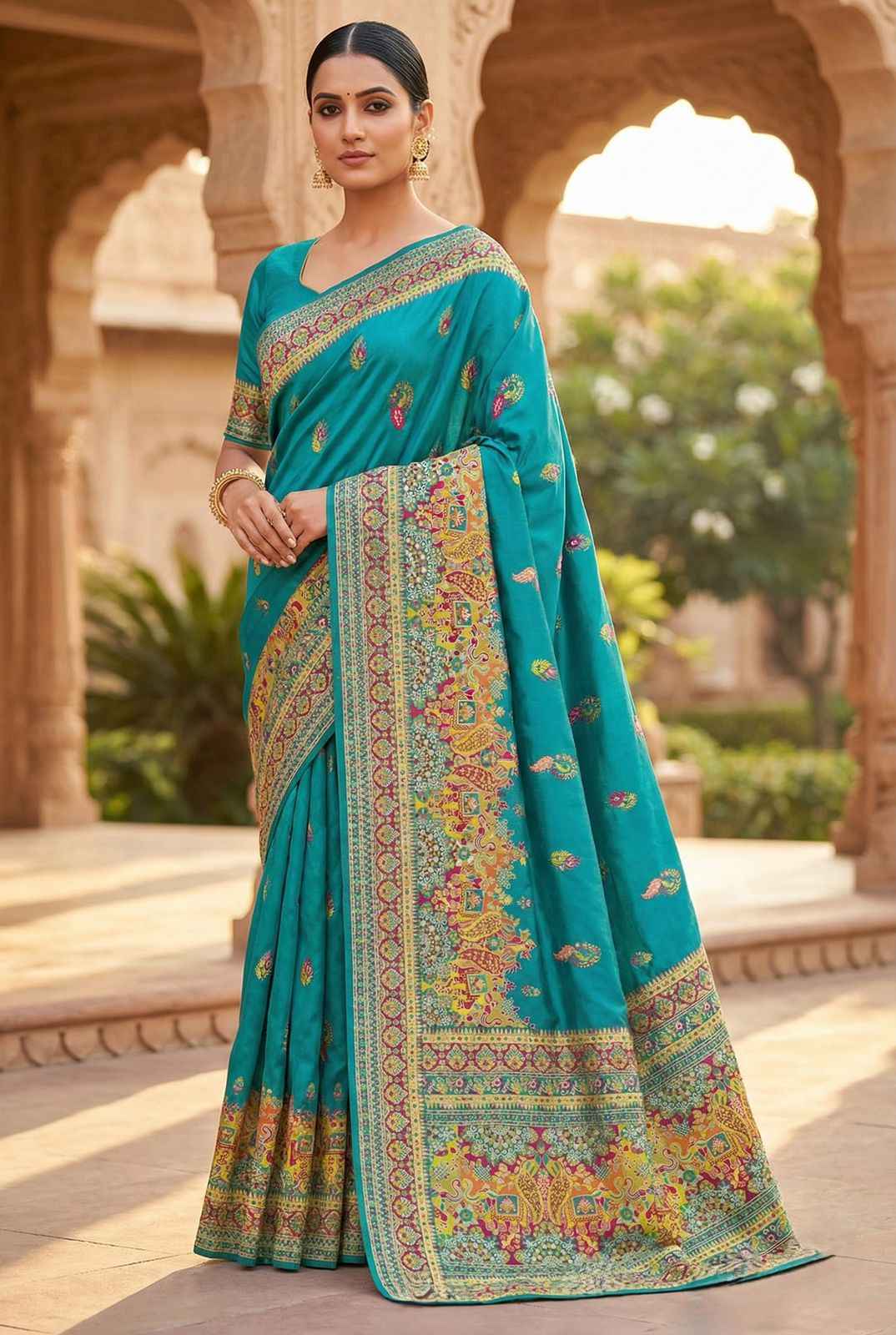 PASHMINA SILK MULTICOLOR PAISLEY BORDER SAREE 1 AT WHOLESALE PRICE