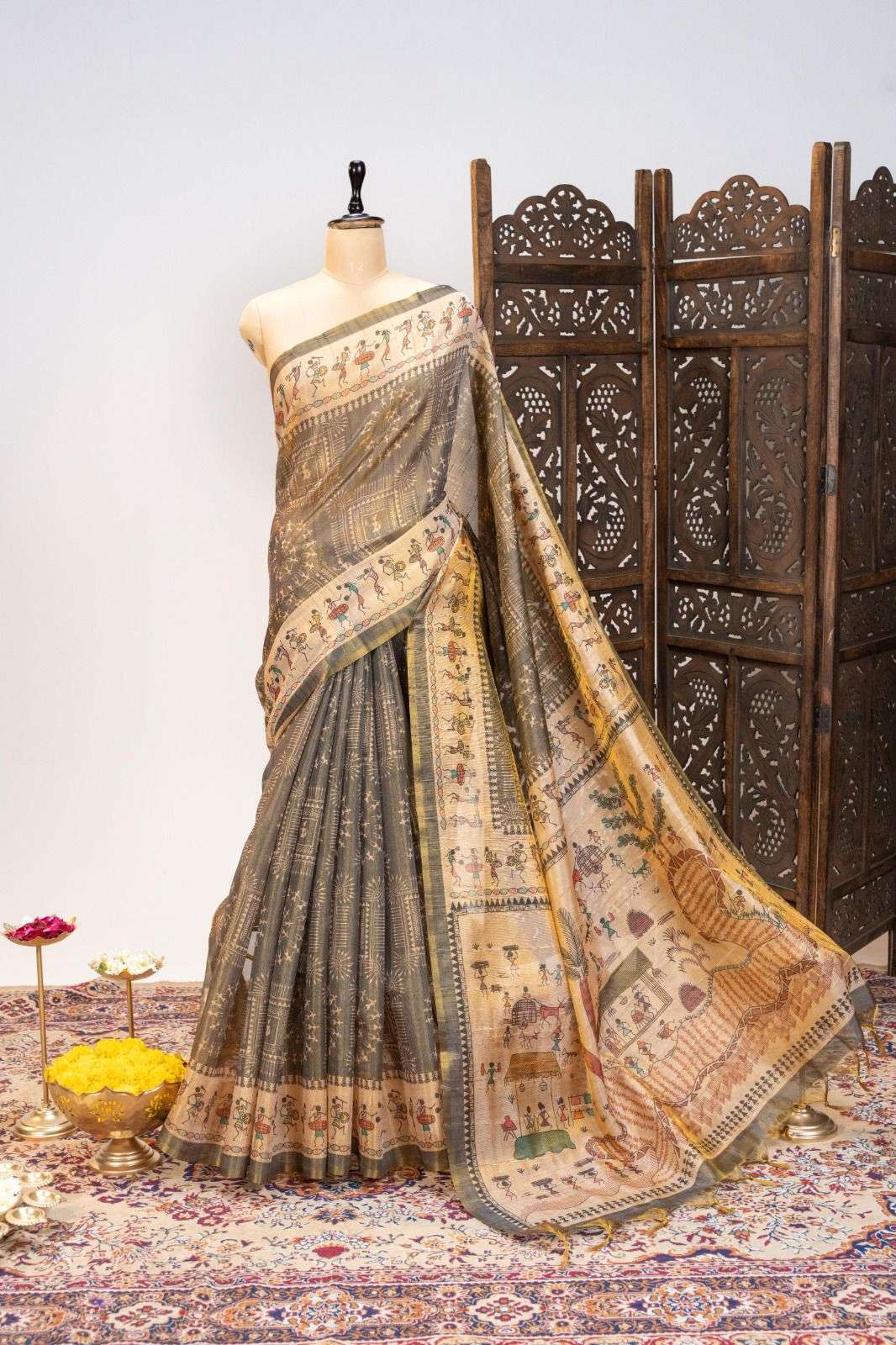 PREMIUM SOFT TISSUE TUSSAR SILK WARLI FLOWERS PRINTED SAREE 1 AT WHOLESALE PRICE