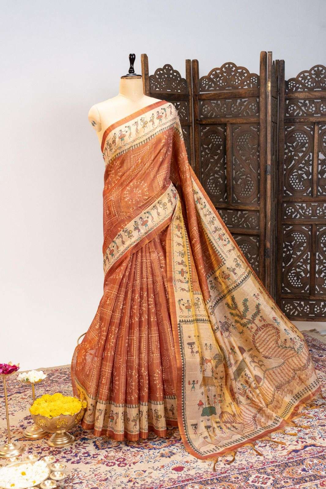 PREMIUM SOFT TISSUE TUSSAR SILK WARLI FLOWERS PRINTED SAREE 1 AT WHOLESALE PRICE