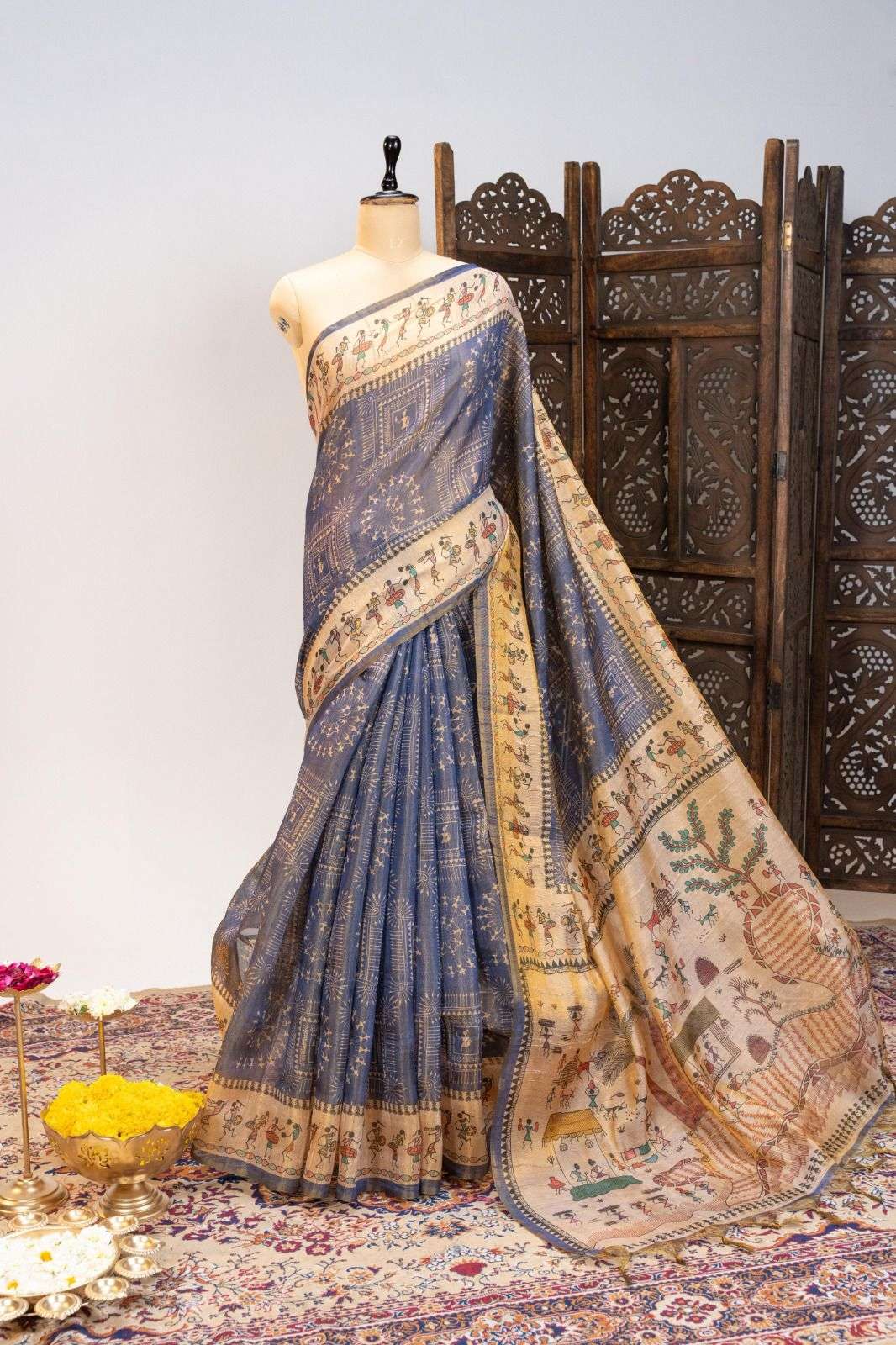 PREMIUM SOFT TISSUE TUSSAR SILK WARLI FLOWERS PRINTED SAREE 1 AT WHOLESALE PRICE