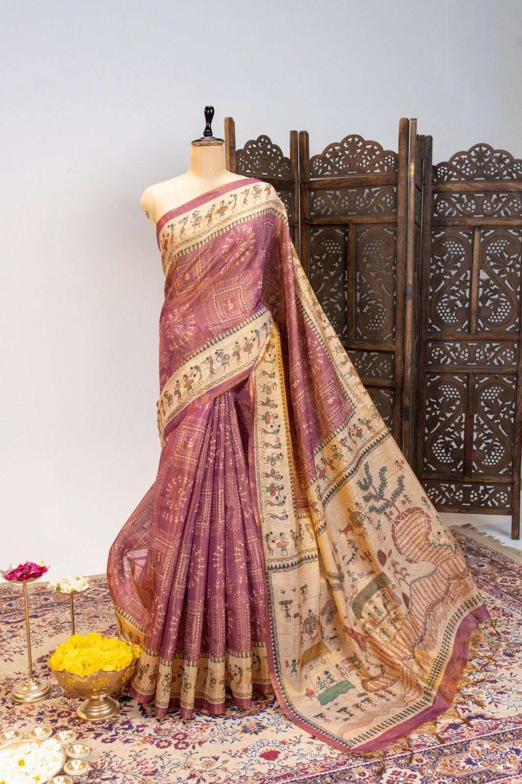 PREMIUM SOFT TISSUE TUSSAR SILK WARLI FLOWERS PRINTED SAREE 1 AT WHOLESALE PRICE