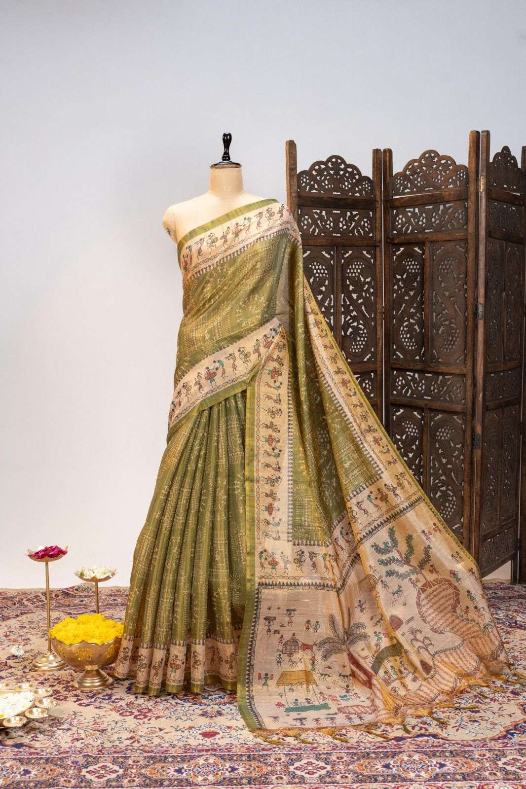 PREMIUM SOFT TISSUE TUSSAR SILK WARLI FLOWERS PRINTED SAREE 1 AT WHOLESALE PRICE