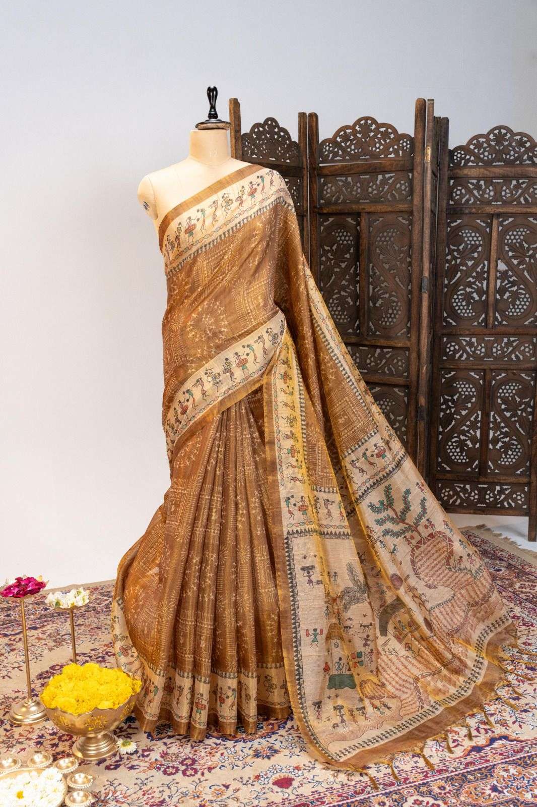 PREMIUM SOFT TISSUE TUSSAR SILK WARLI FLOWERS PRINTED SAREE 1 AT WHOLESALE PRICE