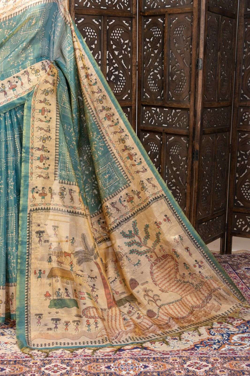 PREMIUM SOFT TISSUE TUSSAR SILK WARLI FLOWERS PRINTED SAREE 1 AT WHOLESALE PRICE