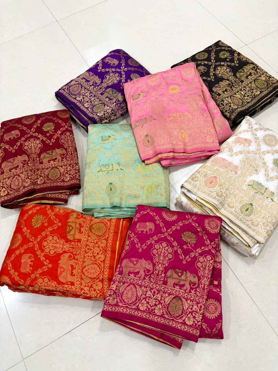 PURE BANARASI KHADI DOLLA SILK FLORAL ZARI WEAVING SAREE 1 AT WHOLESALE PRICE