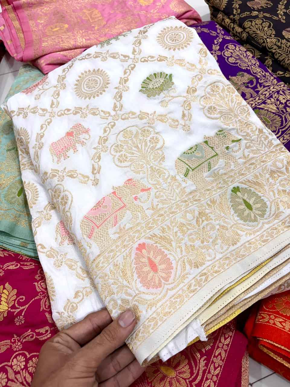 PURE BANARASI KHADI DOLLA SILK FLORAL ZARI WEAVING SAREE 1 AT WHOLESALE PRICE