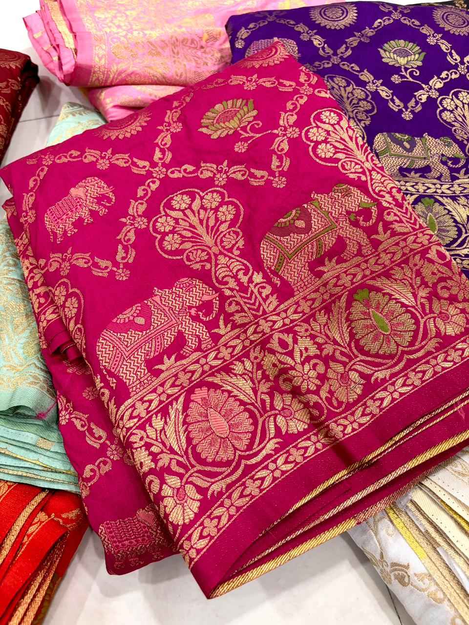 PURE BANARASI KHADI DOLLA SILK FLORAL ZARI WEAVING SAREE 1 AT WHOLESALE PRICE