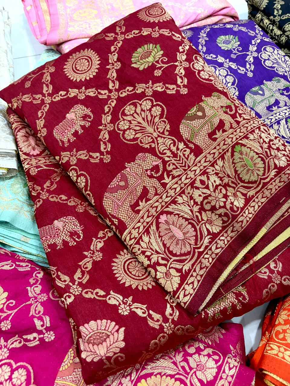 PURE BANARASI KHADI DOLLA SILK FLORAL ZARI WEAVING SAREE 1 AT WHOLESALE PRICE