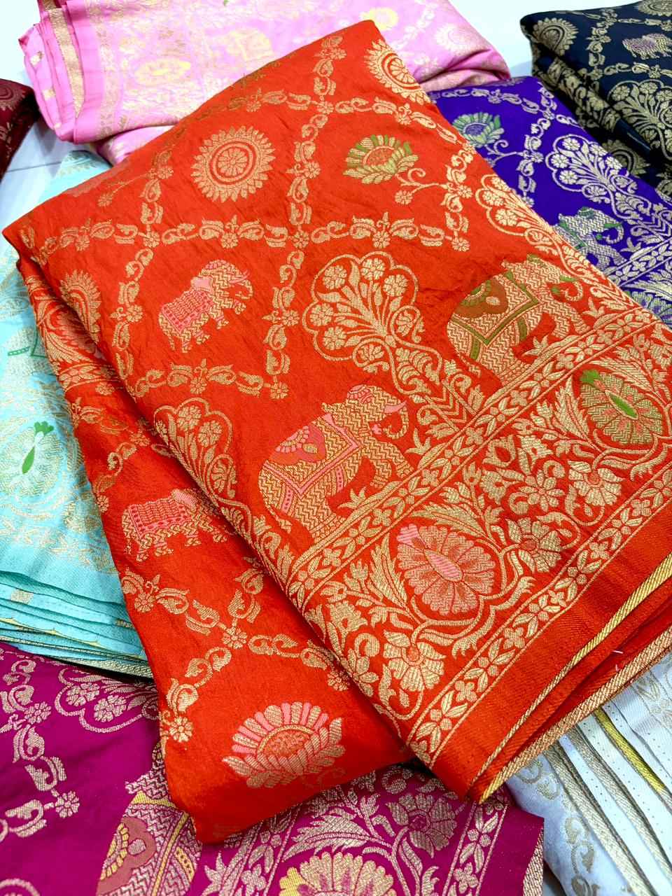 PURE BANARASI KHADI DOLLA SILK FLORAL ZARI WEAVING SAREE 1 AT WHOLESALE PRICE