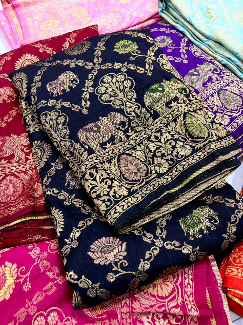 PURE BANARASI KHADI DOLLA SILK FLORAL ZARI WEAVING SAREE 1 AT WHOLESALE PRICE