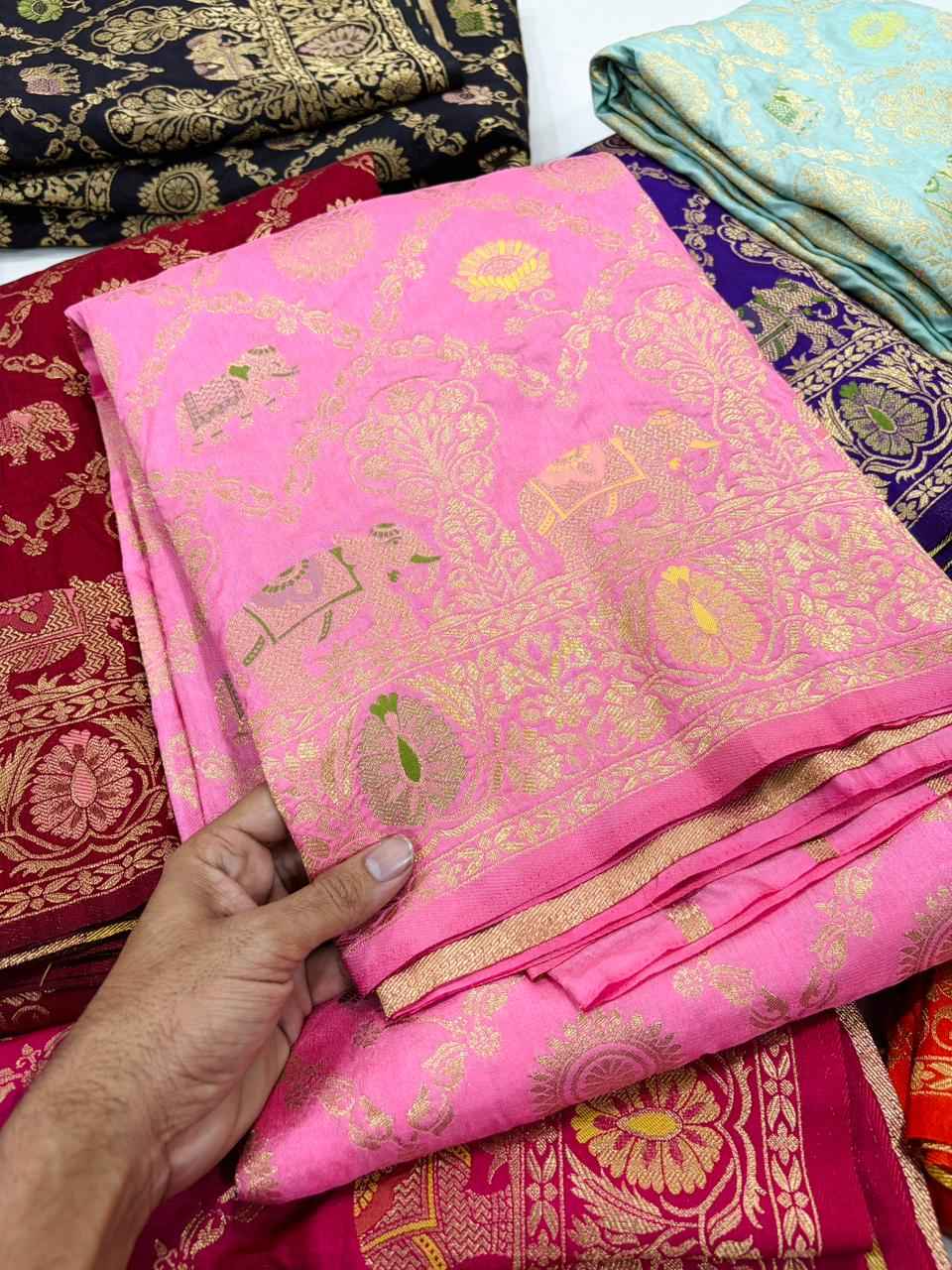 PURE BANARASI KHADI DOLLA SILK FLORAL ZARI WEAVING SAREE 1 AT WHOLESALE PRICE