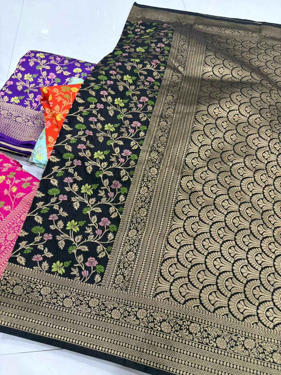 PURE BANARASI KHADI DOLLA SILK FLORAL ZARI WEAVING SAREE AT WHOLESALE PRICE