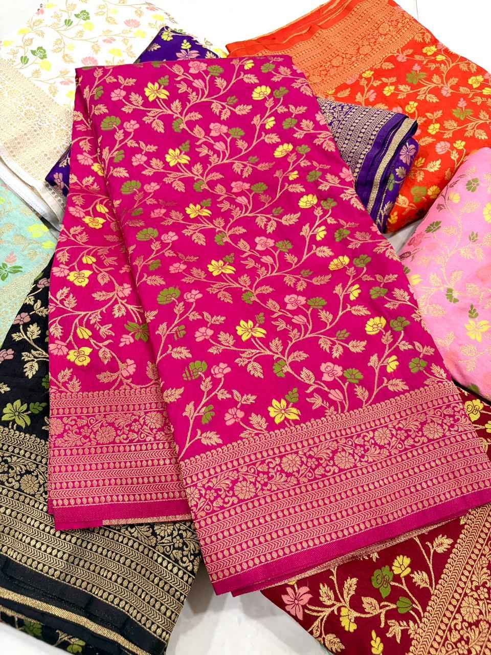 PURE BANARASI KHADI DOLLA SILK FLORAL ZARI WEAVING SAREE AT WHOLESALE PRICE