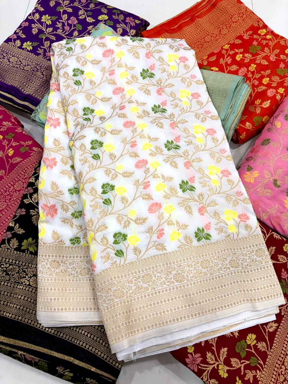 PURE BANARASI KHADI DOLLA SILK FLORAL ZARI WEAVING SAREE AT WHOLESALE PRICE