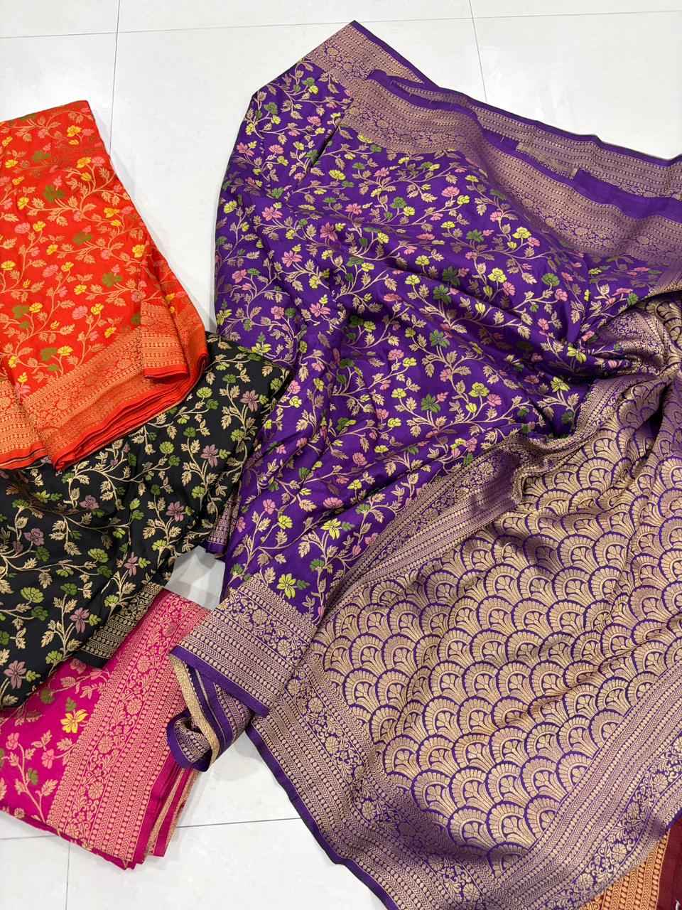 PURE BANARASI KHADI DOLLA SILK FLORAL ZARI WEAVING SAREE AT WHOLESALE PRICE