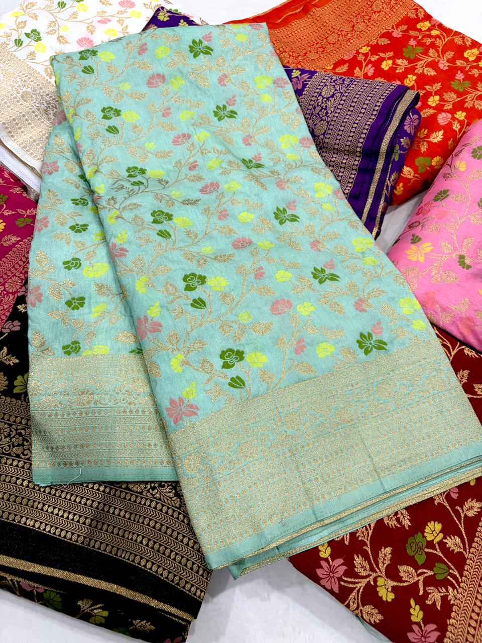 PURE BANARASI KHADI DOLLA SILK FLORAL ZARI WEAVING SAREE AT WHOLESALE PRICE