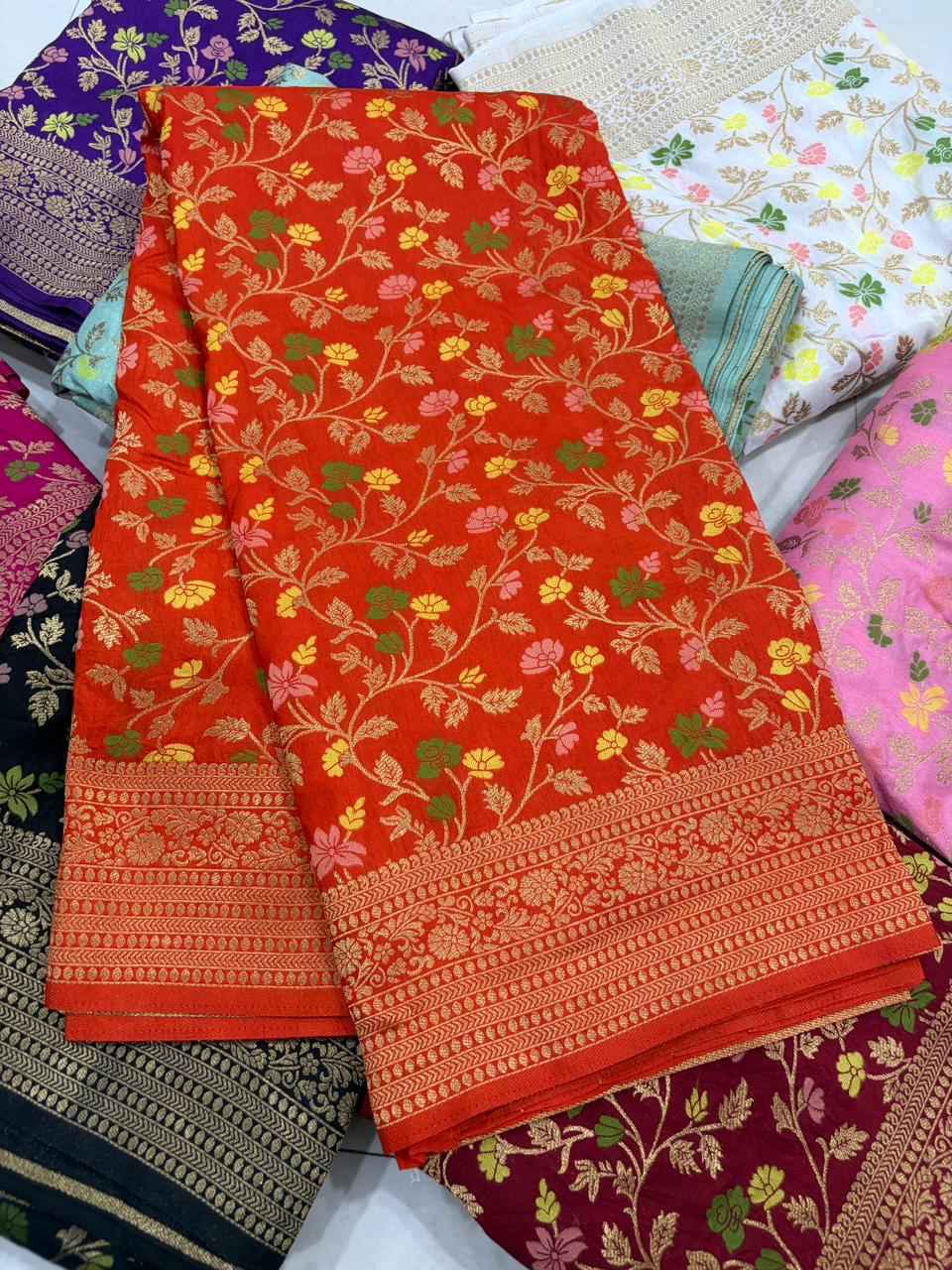 PURE BANARASI KHADI DOLLA SILK FLORAL ZARI WEAVING SAREE AT WHOLESALE PRICE