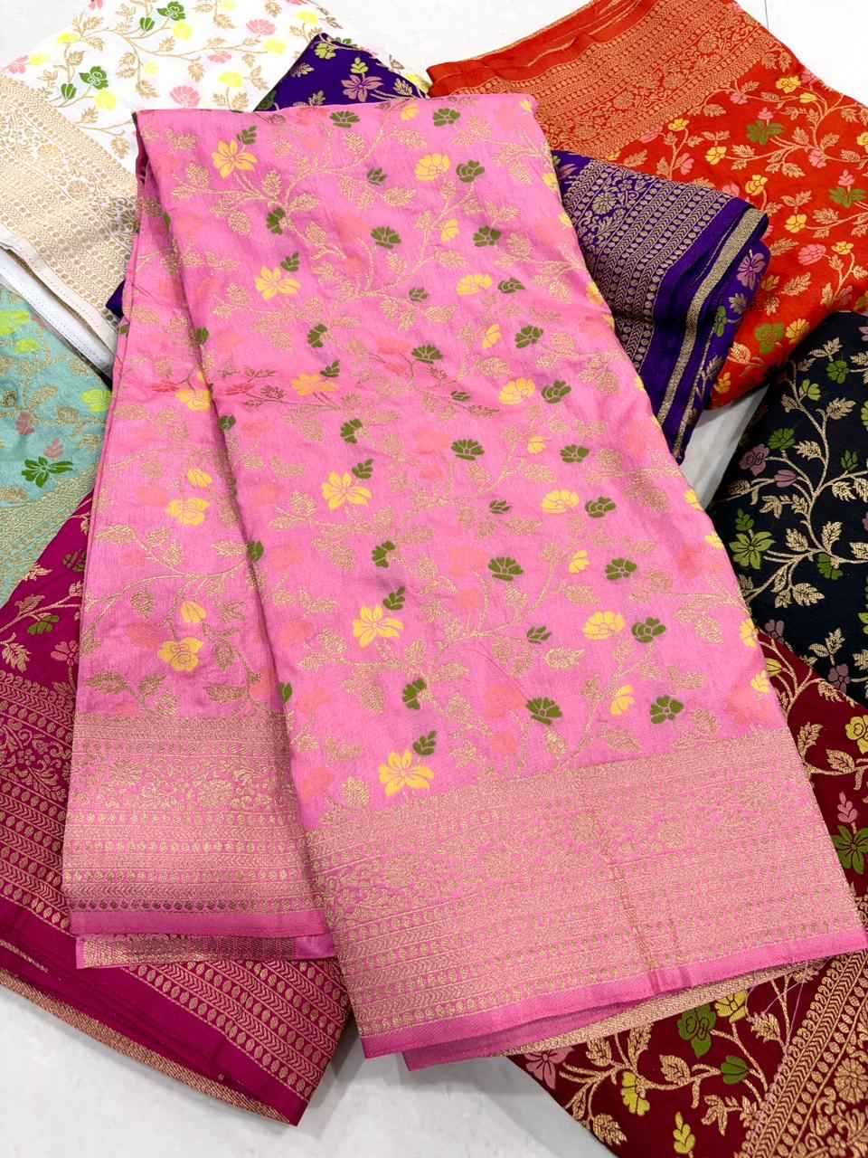 PURE BANARASI KHADI DOLLA SILK FLORAL ZARI WEAVING SAREE AT WHOLESALE PRICE