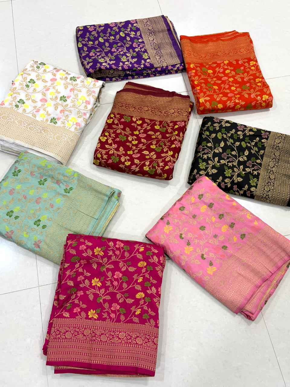PURE BANARASI KHADI DOLLA SILK FLORAL ZARI WEAVING SAREE AT WHOLESALE PRICE