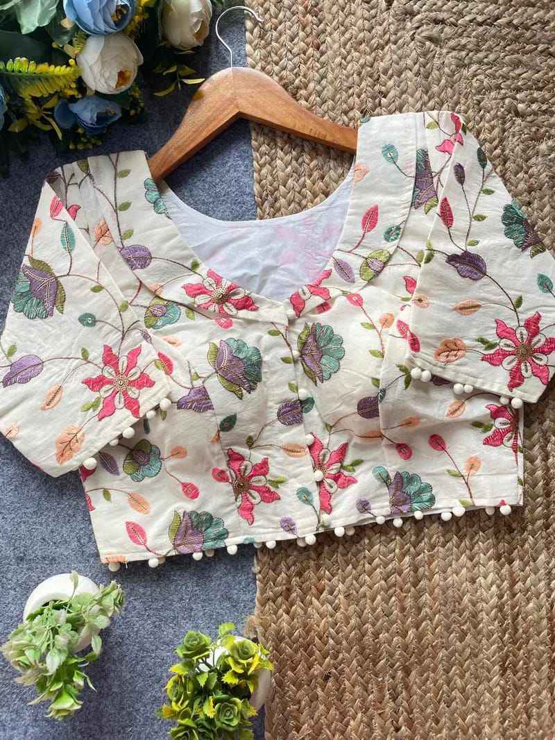 PURE CAMRIC KHADI COTTON EMBROIDERY DIABLE READYMADE BLOUSE AT WHOLESALE PRICE