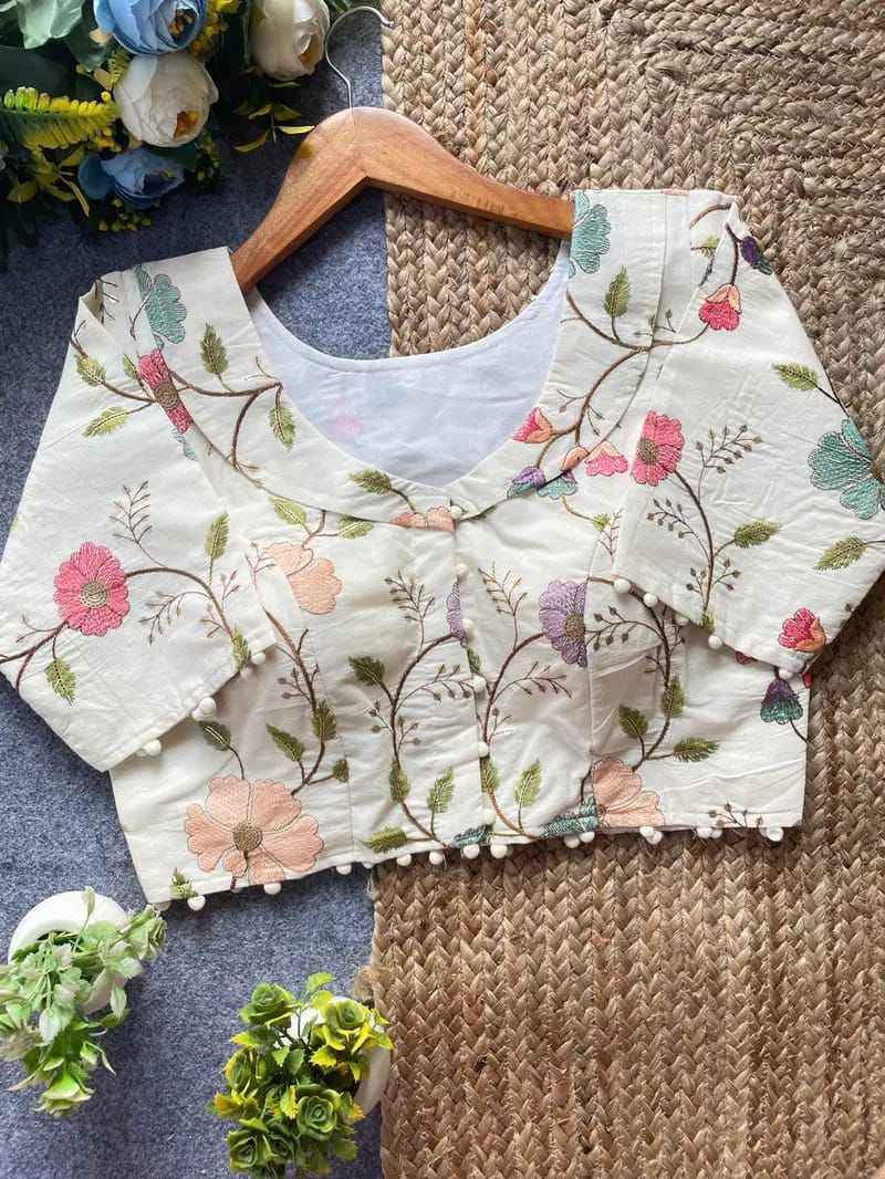 PURE CAMRIC KHADI COTTON EMBROIDERY DIABLE READYMADE BLOUSE AT WHOLESALE PRICE