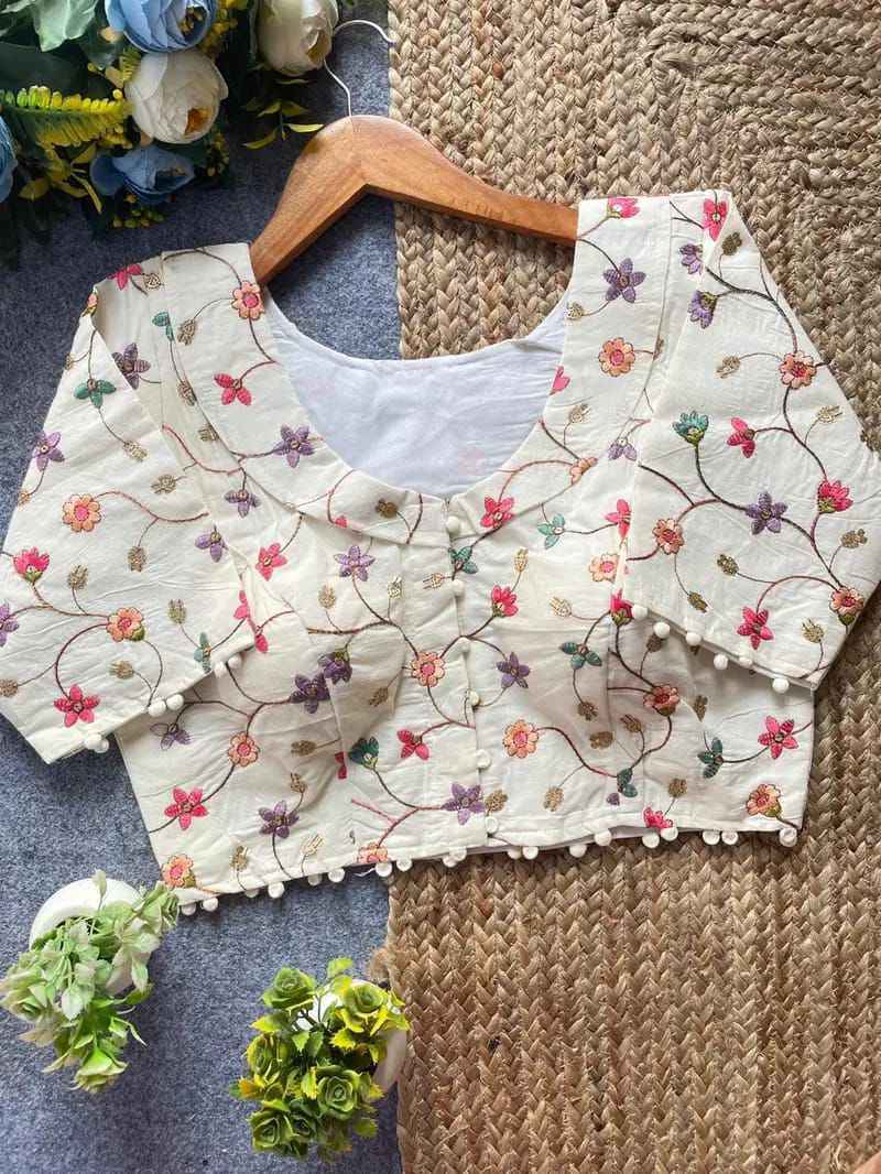 PURE CAMRIC KHADI COTTON EMBROIDERY DIABLE READYMADE BLOUSE AT WHOLESALE PRICE