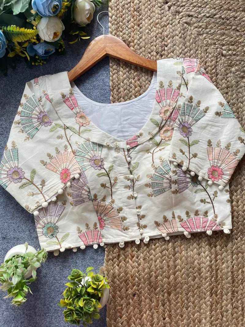 PURE CAMRIC KHADI COTTON EMBROIDERY DIABLE READYMADE BLOUSE AT WHOLESALE PRICE