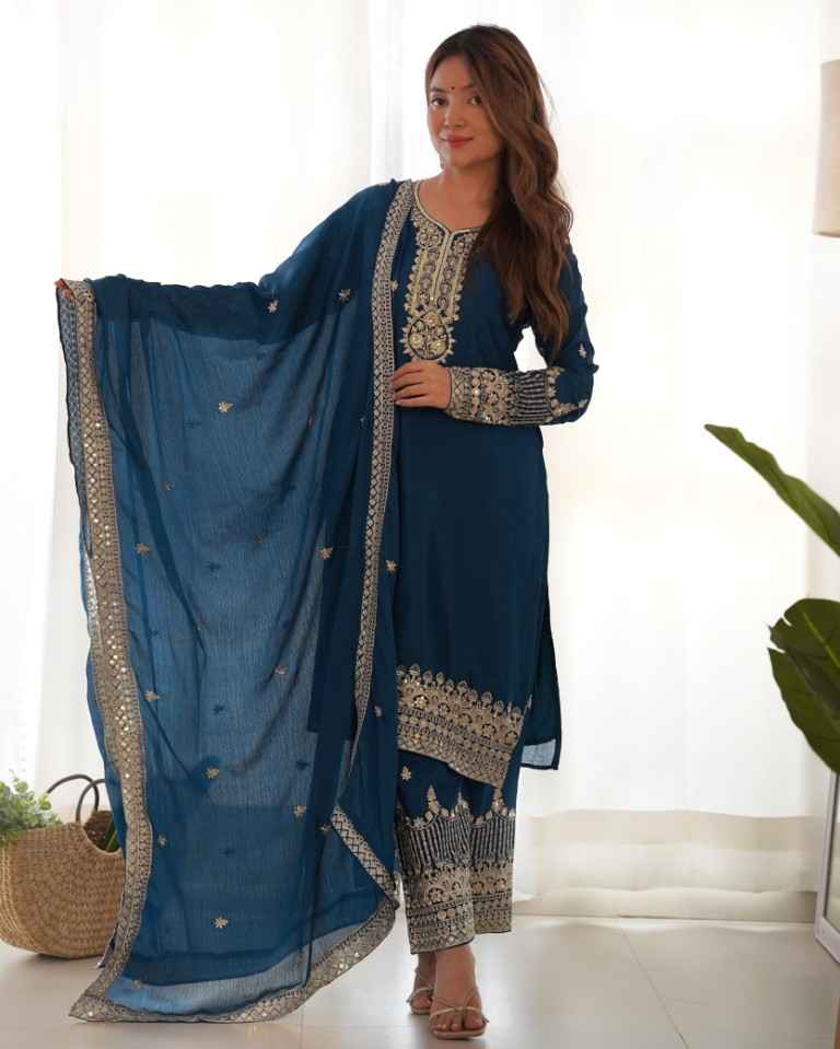 PURE CHINON SILK EMBROIDERY SEQUENCE JARI WORK READYMADE SUIT