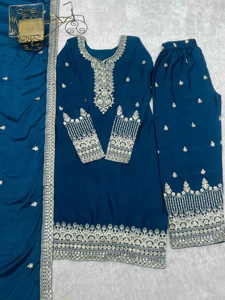 PURE CHINON SILK EMBROIDERY SEQUENCE JARI WORK READYMADE SUIT
