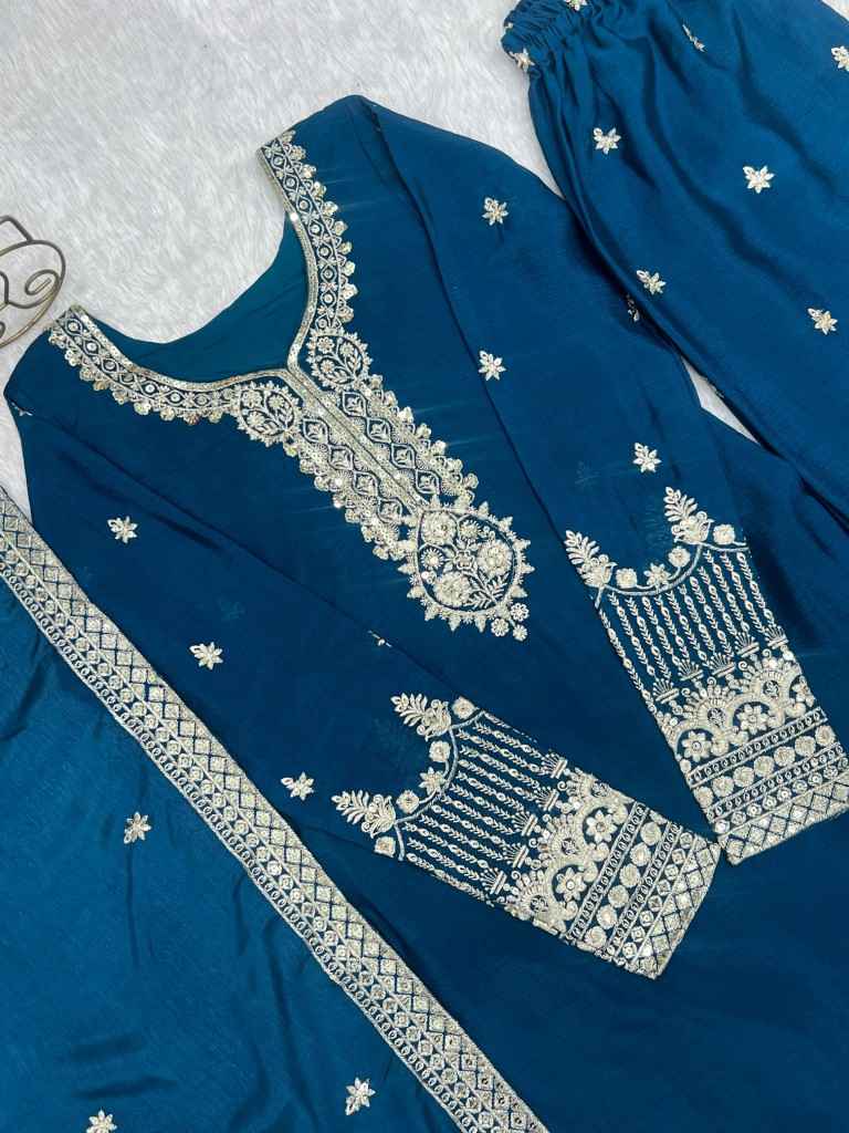 PURE CHINON SILK EMBROIDERY SEQUENCE JARI WORK READYMADE SUIT