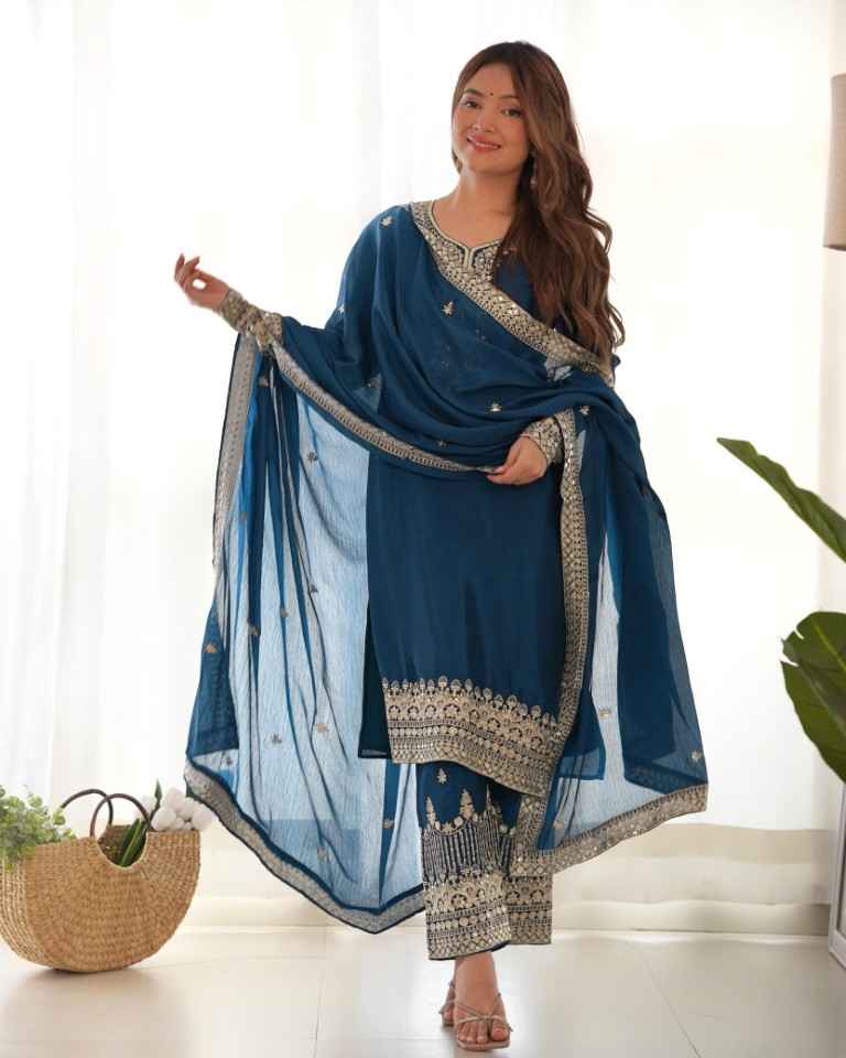 PURE CHINON SILK EMBROIDERY SEQUENCE JARI WORK READYMADE SUIT