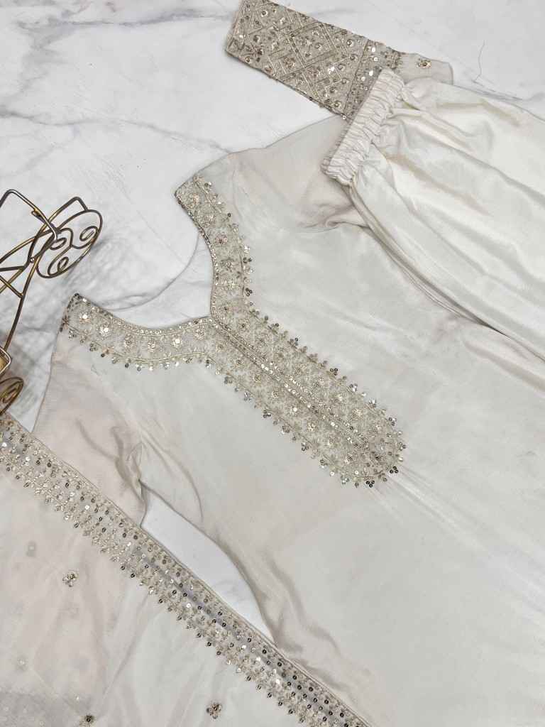  PURE CHINON SILK EMBROIDERY SEQUENCE JARI WORK READYMADE SUIT