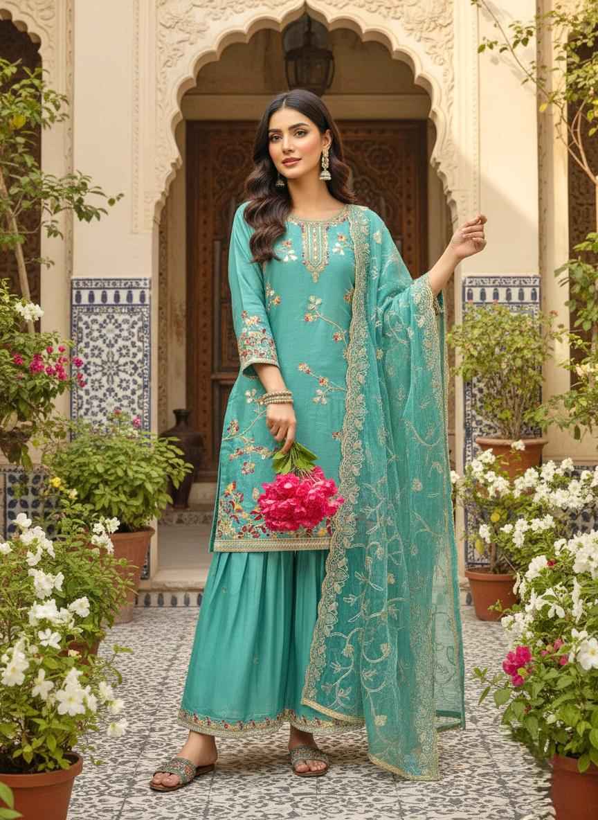 PURE GMY SILK EMBROIDERY WORK DESIGNER READYMADE SUIT AT WHOLESALE PRICE