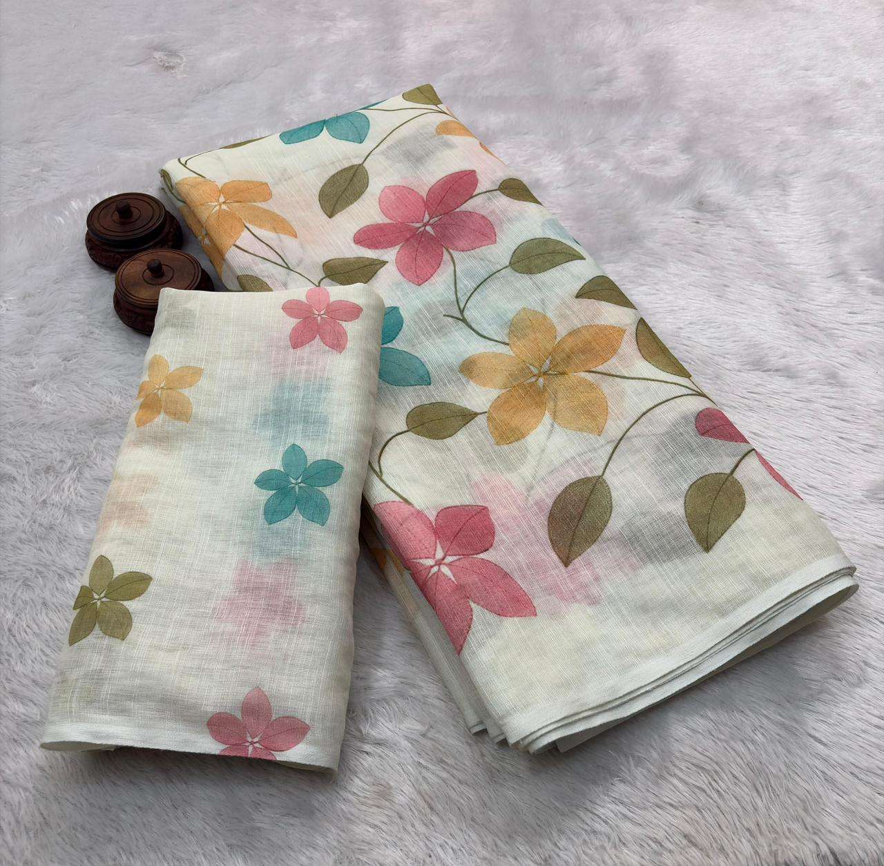 PURE LINEN COTTON FLORAL DIGITAL PRINT SAREE AT WHOLESALE PRICE