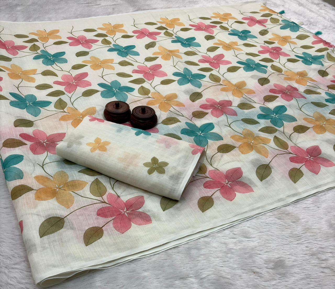 PURE LINEN COTTON FLORAL DIGITAL PRINT SAREE AT WHOLESALE PRICE