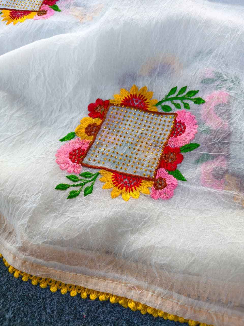 PURE PAPER CRUSH EMBROIDED SAREE  AT WHOLESALE PRICE