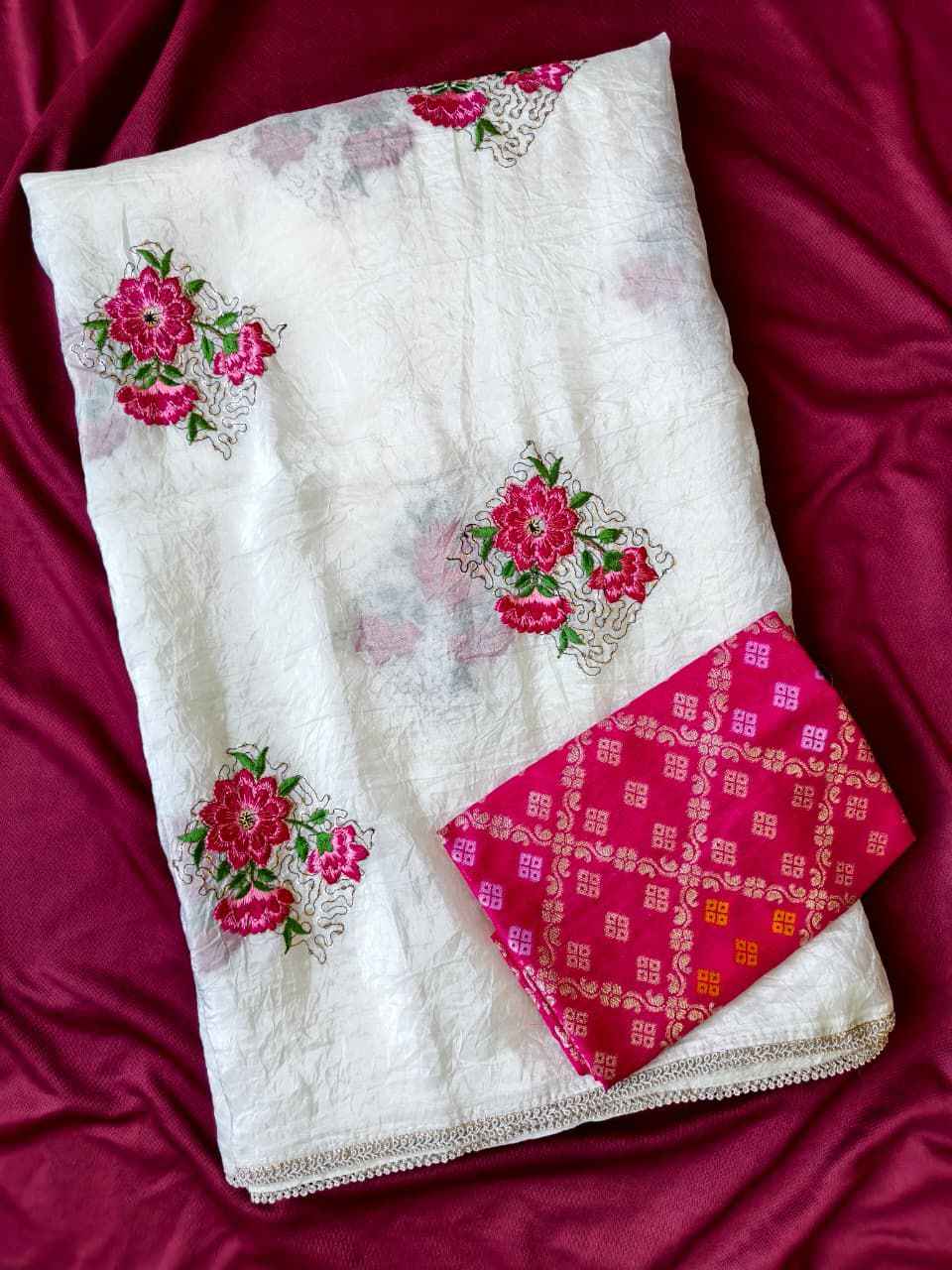 PURE WHITE CRUSH FLOWER EMBRODIRY SAREE AT WHOLESALE PRICE