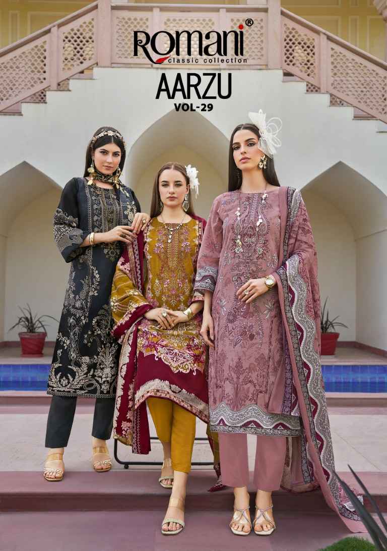 ROMANI AARZU VOL-29 SOFT COTTON DIGITAL PRINTED EMBROIDERY DRESS MATERIAL AT WHOLESALE PRICE