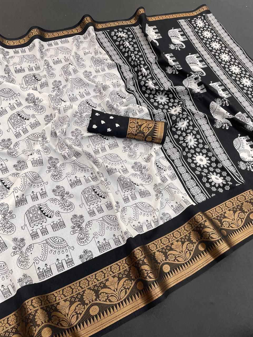 SOFT DOLA SILK HEAVY JACQUARD WEAVING KALAMKARI PRINT SAREE AT WHOLESALE PRICE