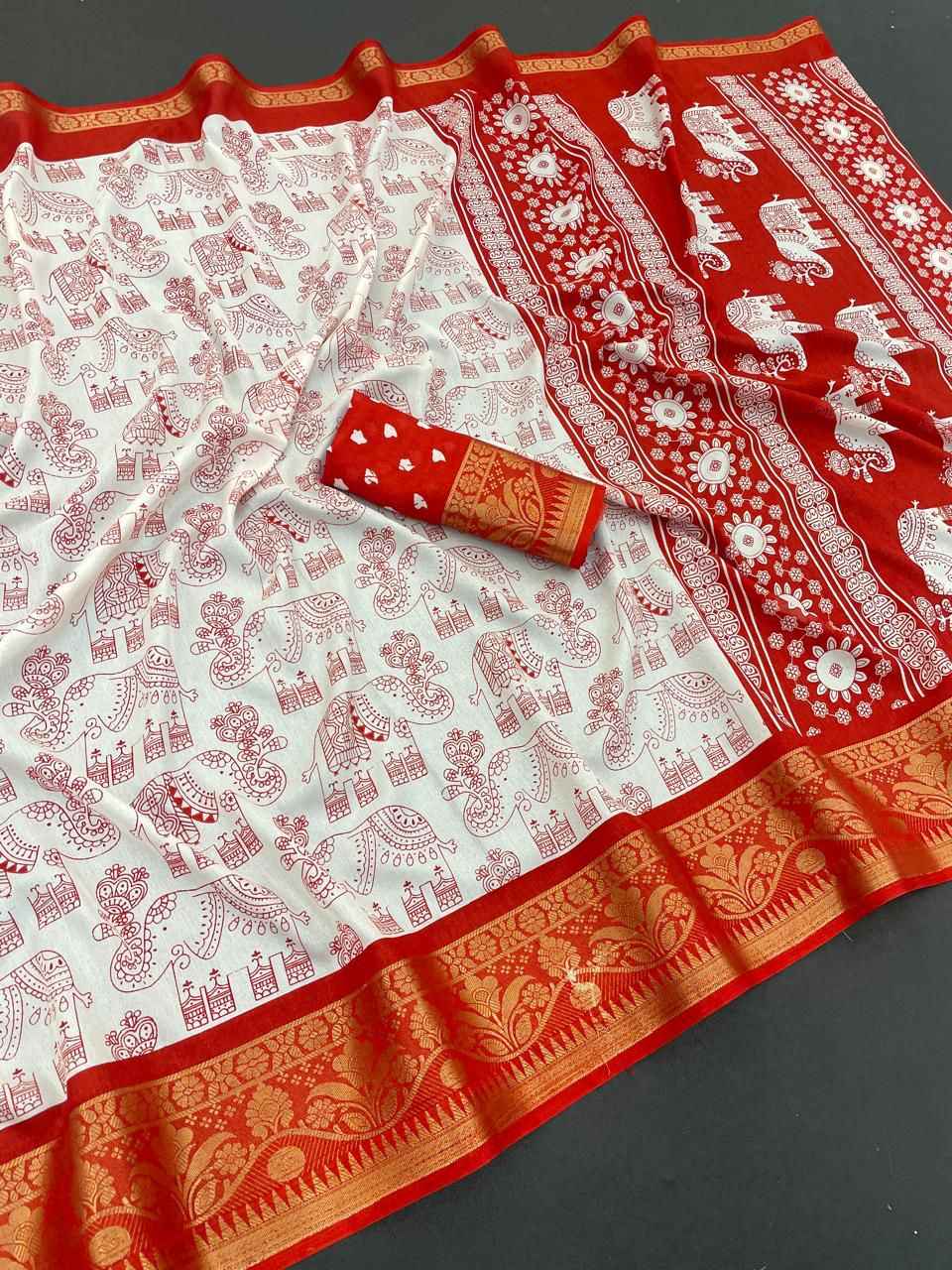 SOFT DOLA SILK HEAVY JACQUARD WEAVING KALAMKARI PRINT SAREE AT WHOLESALE PRICE