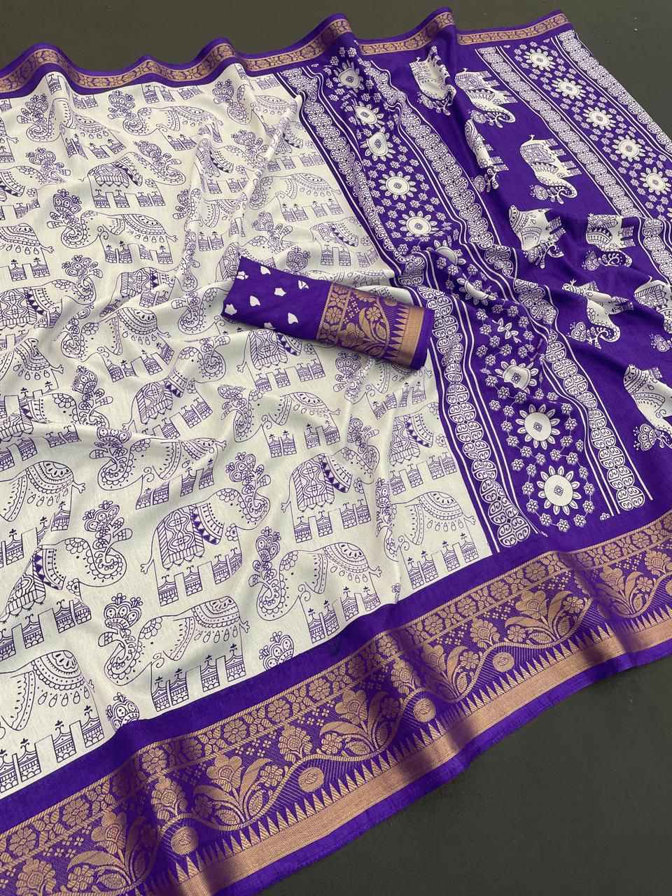 SOFT DOLA SILK HEAVY JACQUARD WEAVING KALAMKARI PRINT SAREE AT WHOLESALE PRICE