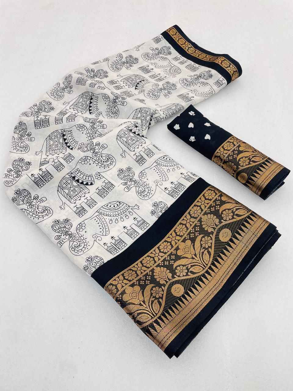 SOFT DOLA SILK HEAVY JACQUARD WEAVING KALAMKARI PRINT SAREE AT WHOLESALE PRICE