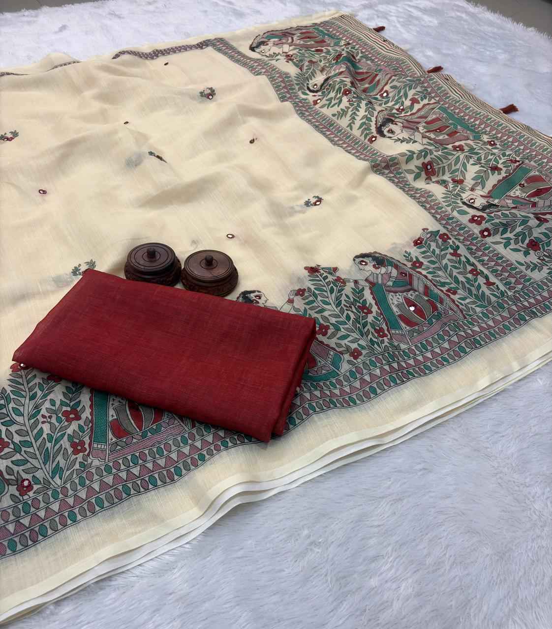 SOFT LINEN COTTON IKKAT STYLE DIGITAL PRINT MIRROR WORK SAREE AT WHOLESALE PRICE