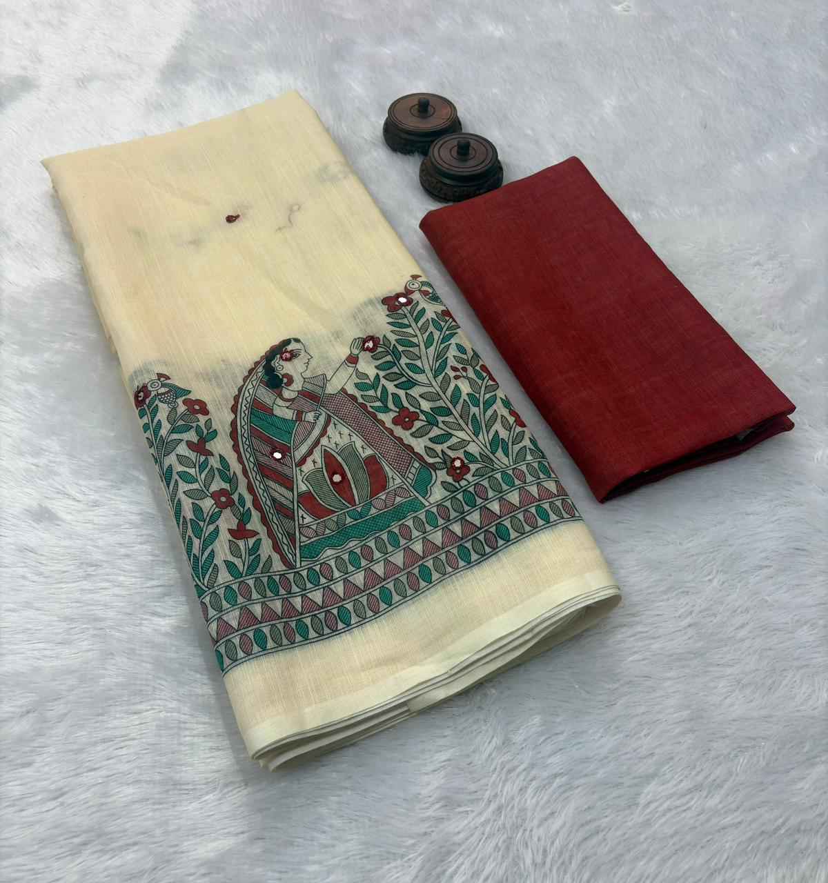 SOFT LINEN COTTON IKKAT STYLE DIGITAL PRINT MIRROR WORK SAREE AT WHOLESALE PRICE