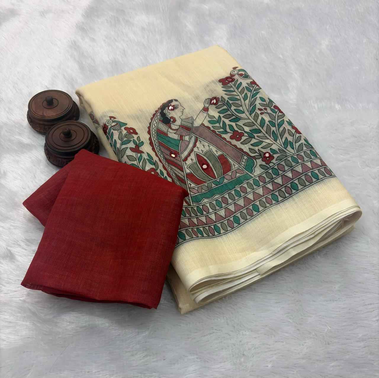 SOFT LINEN COTTON IKKAT STYLE DIGITAL PRINT MIRROR WORK SAREE AT WHOLESALE PRICE