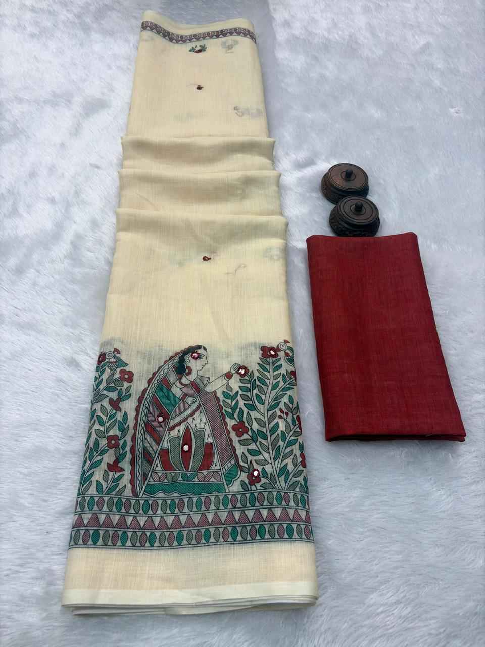 SOFT LINEN COTTON IKKAT STYLE DIGITAL PRINT MIRROR WORK SAREE AT WHOLESALE PRICE