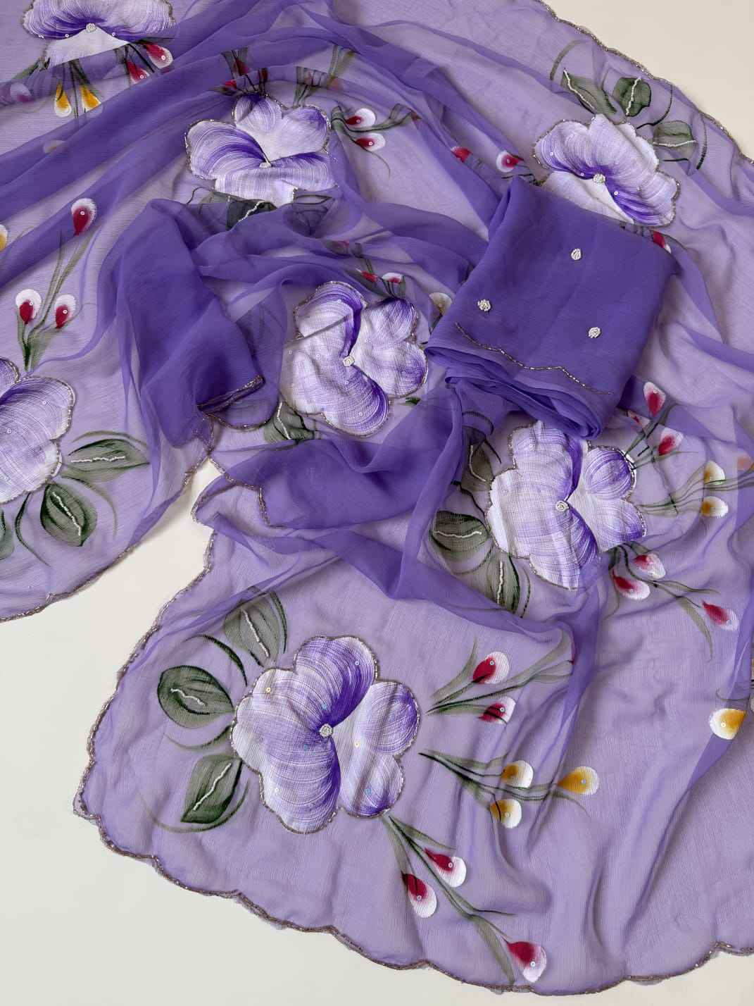 SOFT PURE CHIFFON KHATLI HANDWORK FLOWER HANDBRUSH SAREE AT WHOLESALE PRICE