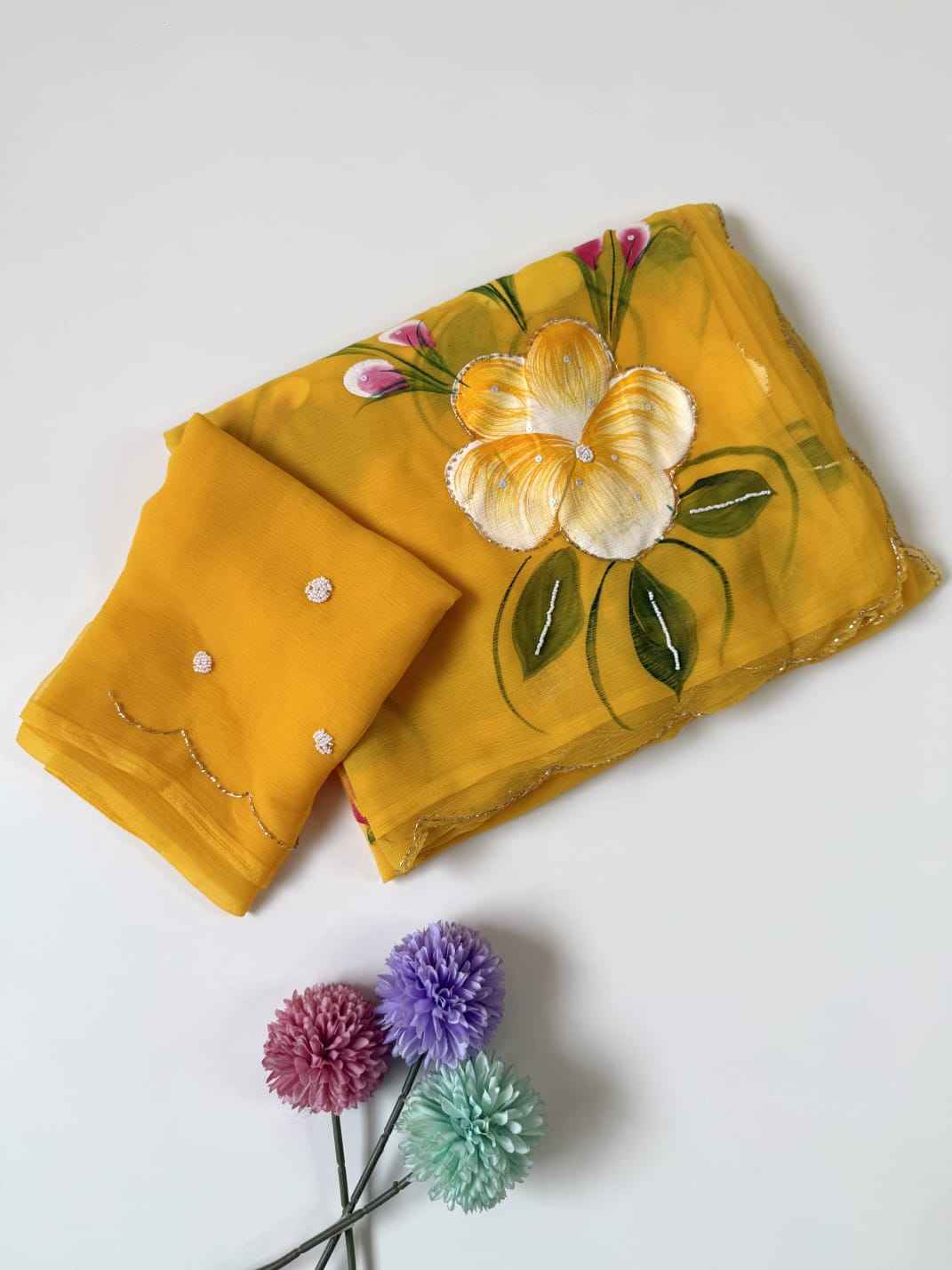SOFT PURE CHIFFON KHATLI HANDWORK FLOWER HANDBRUSH SAREE AT WHOLESALE PRICE
